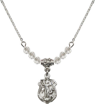 18" Rhodium Plated Necklace with 4mm Crystal Beads featuring a Sterling Silver Saint Michael the Archangel Medal. Engraved Catholic Saint Jewelry