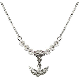 18" Rhodium Plated Necklace with 4mm Crystal Beads featuring a Sterling Silver Holy Spirit Medal.