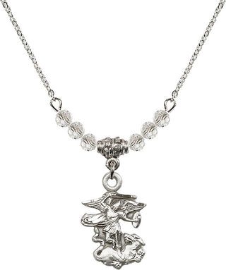 18" Rhodium Plated Necklace with 4mm Crystal Beads featuring a Sterling Silver Saint Michael the Archangel Medal.