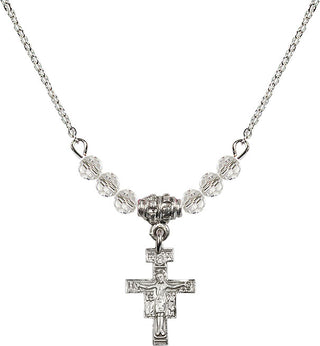 18" Rhodium Plated Necklace with 4mm Crystal Beads featuring a Sterling Silver San Damiano Crucifix Medal.