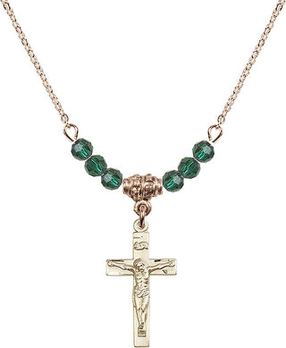18" Hamilton Gold Plated Necklace with 4mm Emerald Crystal Beads featuring a 14kt Gold Filled Crucifix Medal.