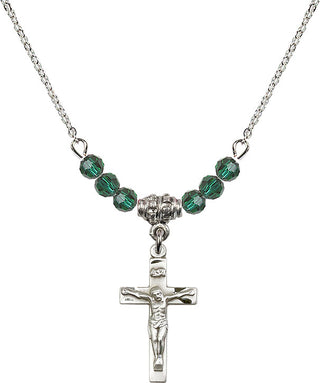 18" Rhodium Plated Necklace with 4mm Emerald Crystal Beads featuring a Sterling Silver Crucifix Medal.