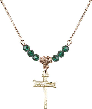 18" Hamilton Gold Plated Necklace with 4mm Emerald Crystal Beads featuring a 14kt Gold Filled Nail Cross Medal.
