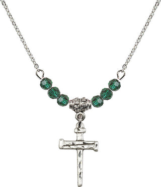18" Rhodium Plated Necklace with 4mm Emerald Crystal Beads featuring a Sterling Silver Nail Cross Medal.