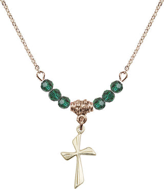 18" Hamilton Gold Plated Necklace with 4mm Emerald Crystal Beads featuring a 14kt Gold Filled Cross Medal.