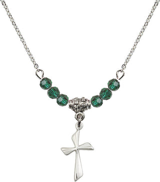 18" Rhodium Plated Necklace with 4mm Emerald Crystal Beads featuring a Sterling Silver Cross Medal.