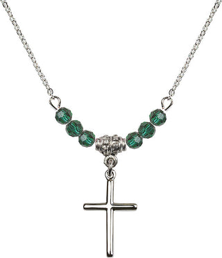 18" Rhodium Plated Necklace with 4mm Emerald Crystal Beads featuring a Sterling Silver Cross Medal.