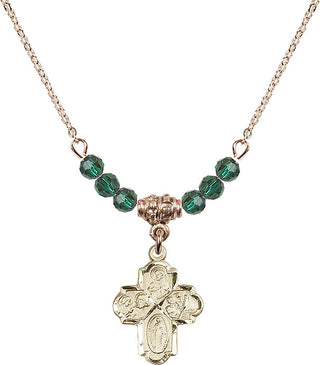 18" Hamilton Gold Plated Necklace with 4mm Emerald Crystal Beads featuring a 14kt Gold Filled 4-Way Medal.