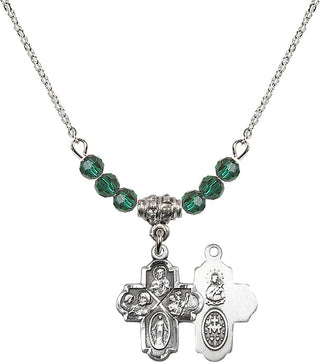 18" Rhodium Plated Necklace with 4mm Emerald Crystal Beads featuring a Sterling Silver 4-Way Medal.