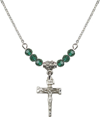 18" Rhodium Plated Necklace with 4mm Emerald Crystal Beads featuring a Sterling Silver Nail Crucifix Medal.