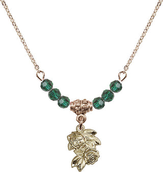 18" Hamilton Gold Plated Necklace with 4mm Emerald Crystal Beads featuring a 14kt Gold Filled Rose Medal.