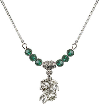 18" Rhodium Plated Necklace with 4mm Emerald Crystal Beads featuring a Sterling Silver Rose Medal.