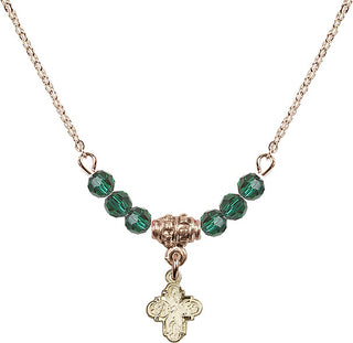 18" Hamilton Gold Plated Necklace with 4mm Emerald Crystal Beads featuring a 14kt Gold Filled 4-Way Medal.