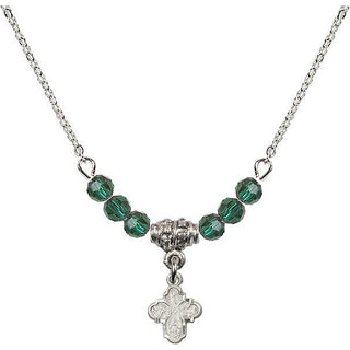 18" Rhodium Plated Necklace with 4mm Emerald Crystal Beads featuring a Sterling Silver 4-Way Medal.