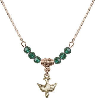 18" Hamilton Gold Plated Necklace with 4mm Emerald Crystal Beads featuring a 14kt Gold Filled Holy Spirit Medal.