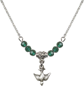 18" Rhodium Plated Necklace with 4mm Emerald Crystal Beads featuring a Sterling Silver Holy Spirit Medal.