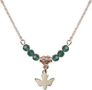 18" Hamilton Gold Plated Necklace with 4mm Emerald Crystal Beads featuring a 14kt Gold Filled Holy Spirit Medal.