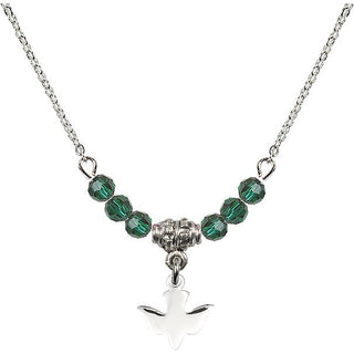 18" Rhodium Plated Necklace with 4mm Emerald Crystal Beads featuring a Sterling Silver Holy Spirit Medal.