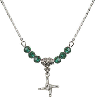 18" Rhodium Plated Necklace with 4mm Emerald Crystal Beads featuring a Sterling Silver Saint Brigid Cross Medal.