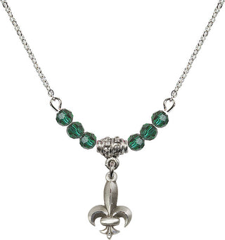 18" Rhodium Plated Necklace with 4mm Emerald Crystal Beads featuring a Sterling Silver Fleur de Lis Medal.