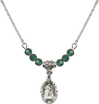 18" Rhodium Plated Necklace with 4mm Emerald Crystal Beads featuring a Sterling Silver Saint Ann Medal.