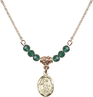 18" Hamilton Gold Plated Necklace with 4mm Emerald Crystal Beads featuring a 14kt Gold Filled Guardian Angel Medal.