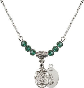 18" Rhodium Plated Necklace with 4mm Emerald Crystal Beads featuring a Sterling Silver Our Lady of Guadalupe Medal.