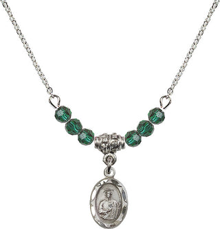 18" Rhodium Plated Necklace with 4mm Emerald Crystal Beads featuring a Sterling Silver Saint Jude Medal.