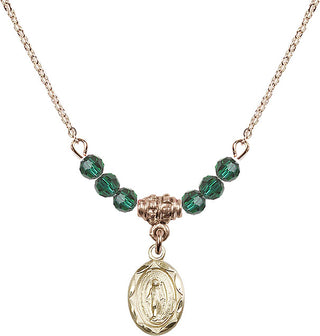 18" Hamilton Gold Plated Necklace with 4mm Emerald Crystal Beads featuring a 14kt Gold Filled Miraculous Medal.