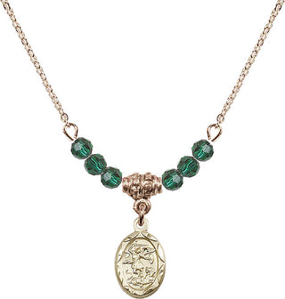 18" Hamilton Gold Plated Necklace with 4mm Emerald Crystal Beads featuring a 14kt Gold Filled Saint Michael the Archangel Medal.
