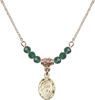 18" Hamilton Gold Plated Necklace with 4mm Emerald Crystal Beads featuring a 14kt Gold Filled Scapular Medal.