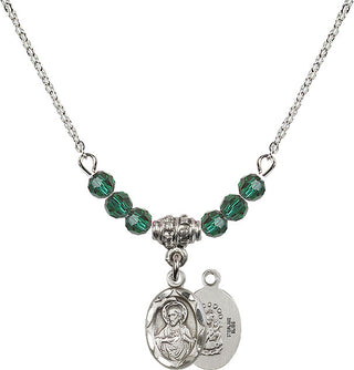18" Rhodium Plated Necklace with 4mm Emerald Crystal Beads featuring a Sterling Silver Scapular Medal.