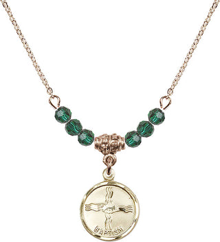 18" Hamilton Gold Plated Necklace with 4mm Emerald Crystal Beads featuring a 14kt Gold Filled Baptism Medal. Engraved Catholic Saint Jewelry