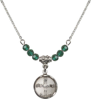 18" Rhodium Plated Necklace with 4mm Emerald Crystal Beads featuring a Sterling Silver Baptism Medal. Engraved Catholic Saint Jewelry
