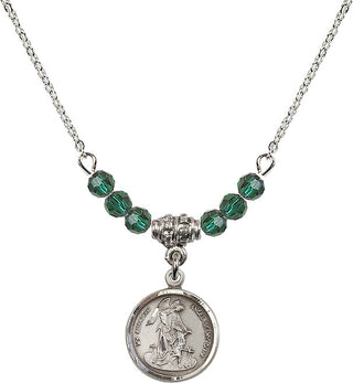 18" Rhodium Plated Necklace with 4mm Emerald Crystal Beads featuring a Sterling Silver Guardian Angel Medal. Engraved Catholic Saint Jewelry