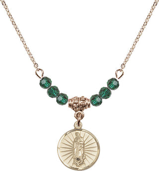 18" Hamilton Gold Plated Necklace with 4mm Emerald Crystal Beads featuring a 14kt Gold Filled Our Lady of Guadalupe Medal. Engraved Catholic Saint Jewelry