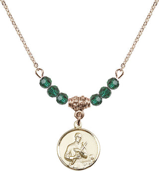 18" Hamilton Gold Plated Necklace with 4mm Emerald Crystal Beads featuring a 14kt Gold Filled Saint Gerard Medal. Engraved Catholic Saint Jewelry