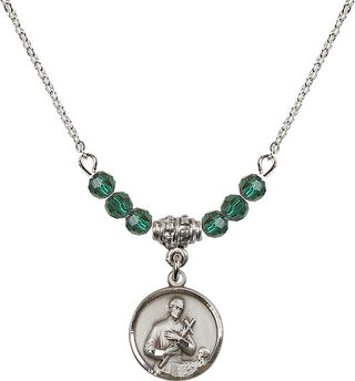 18" Rhodium Plated Necklace with 4mm Emerald Crystal Beads featuring a Sterling Silver Saint Gerard Medal. Engraved Catholic Saint Jewelry