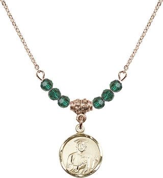 18" Hamilton Gold Plated Necklace with 4mm Emerald Crystal Beads featuring a 14kt Gold Filled Saint Jude Medal. Engraved Catholic Saint Jewelry