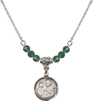 18" Rhodium Plated Necklace with 4mm Emerald Crystal Beads featuring a Sterling Silver Saint Joseph Medal. Engraved Catholic Saint Jewelry