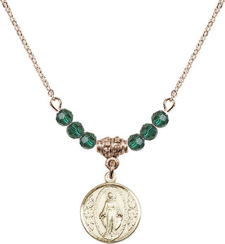 18" Hamilton Gold Plated Necklace with 4mm Emerald Crystal Beads featuring a 14kt Gold Filled Miraculous Medal.