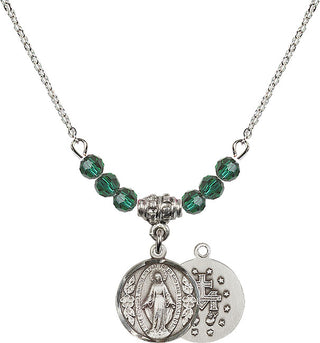 18" Rhodium Plated Necklace with 4mm Emerald Crystal Beads featuring a Sterling Silver Miraculous Medal.