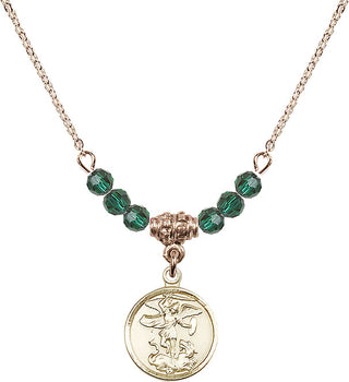 18" Hamilton Gold Plated Necklace with 4mm Emerald Crystal Beads featuring a 14kt Gold Filled Saint Michael the Archangel Medal.