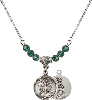 18" Rhodium Plated Necklace with 4mm Emerald Crystal Beads featuring a Sterling Silver Saint Michael the Archangel Medal.