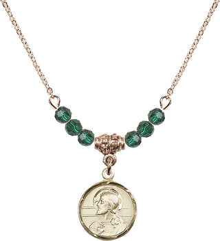 18" Hamilton Gold Plated Necklace with 4mm Emerald Crystal Beads featuring a 14kt Gold Filled Scapular Medal.