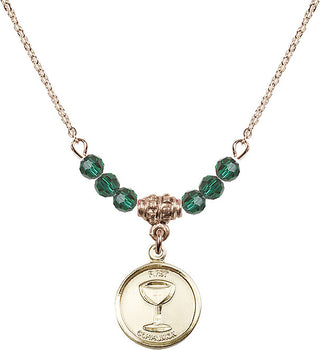 18" Hamilton Gold Plated Necklace with 4mm Emerald Crystal Beads featuring a 14kt Gold Filled Communion Medal. Engraved Catholic Saint Jewelry