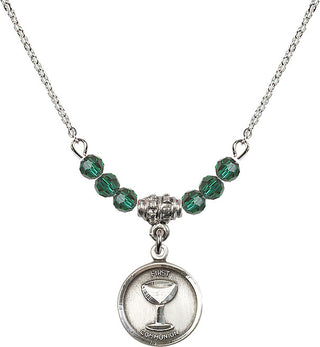 18" Rhodium Plated Necklace with 4mm Emerald Crystal Beads featuring a Sterling Silver Communion Medal. Engraved Catholic Saint Jewelry