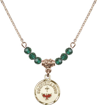 18" Hamilton Gold Plated Necklace with 4mm Emerald Crystal Beads featuring a 14kt Gold Filled Confirmation Medal. Engraved Catholic Saint Jewelry