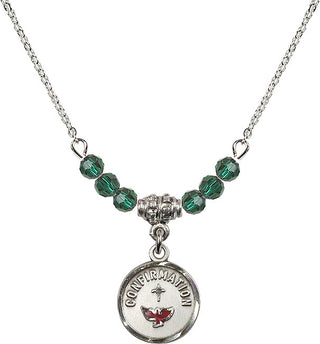 18" Rhodium Plated Necklace with 4mm Emerald Crystal Beads featuring a Sterling Silver Confirmation Medal. Engraved Catholic Saint Jewelry