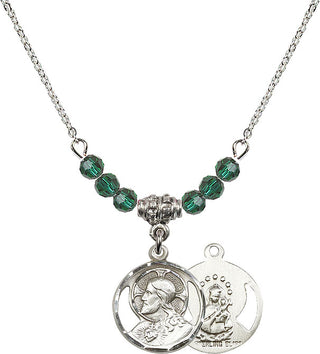 18" Rhodium Plated Necklace with 4mm Emerald Crystal Beads featuring a Sterling Silver Scapular Medal.